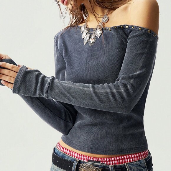 Casual Women's Boho ribbed Asymmetric Neck long Sleeve T-Shirt top - Picture 3 of 8